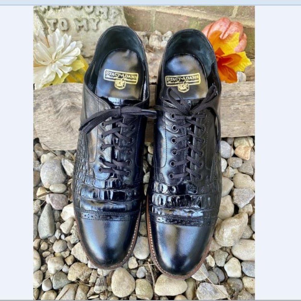 Stacy Adams Mens Vintage Size 9.5 D Black Lace Up Cap Toe Leather Dress Shoes - Picture 2 of 8